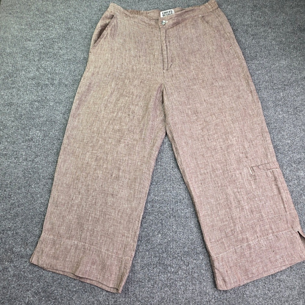 Chico's Design Linen Pants Womens 1 Brown Mauve Wide‎ Leg Crop Elastic Waist